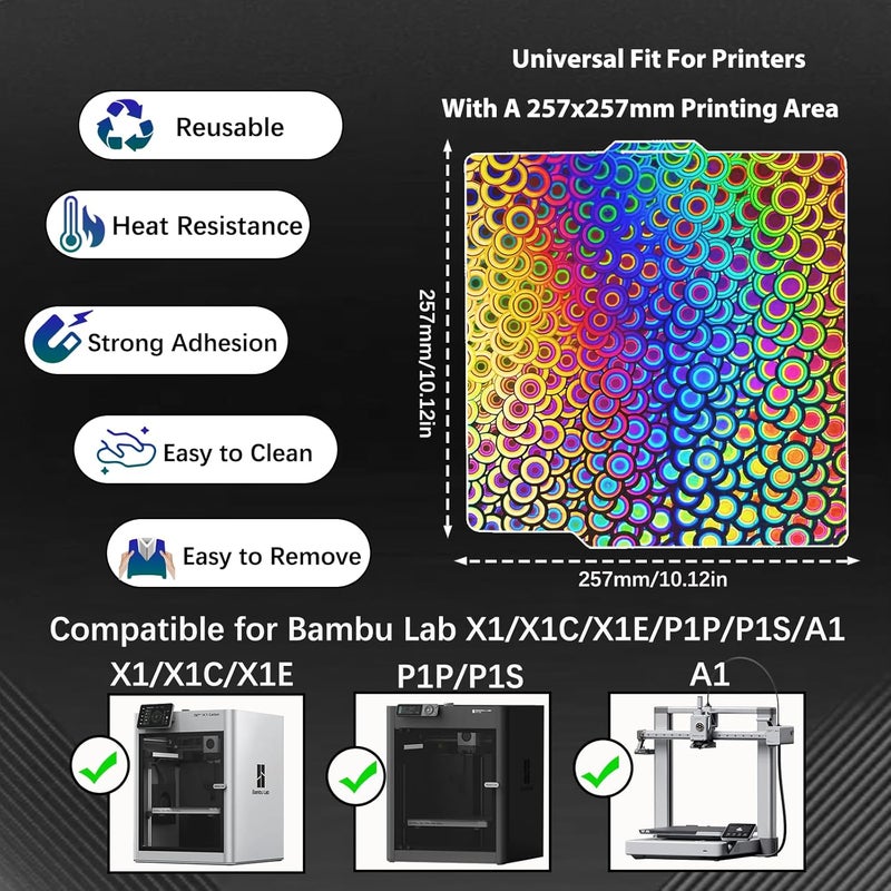 Wefuit JUUPINE 257x257mm Bambu Lab Build Plate for Bambu Lab A1/P1P/P1S /P2S/X1/X1C/X1E/3D Printer, 3D Printer Flexible Spring Steel Sheet Removable Platform (Smooth Kaleidoscope+Smooth Light Beam) - Image 5